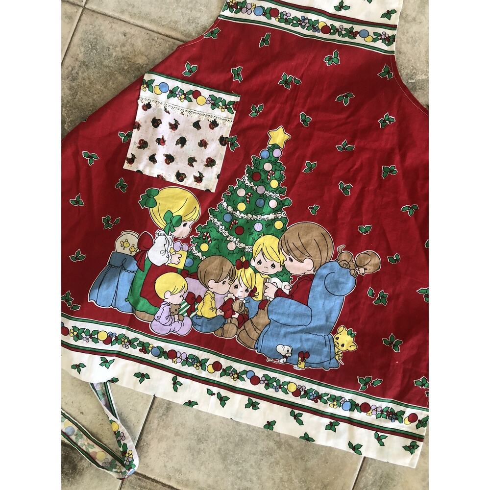 Vtg 90s Precious Moments Christmas Full Apron Red Handmade With Pocket - Picture 3 of 4